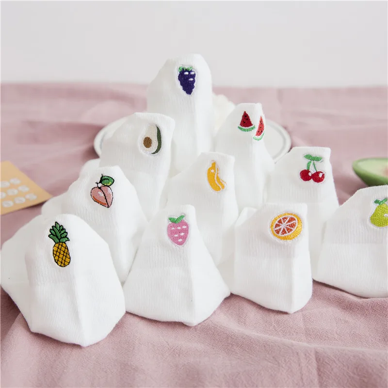 Casual Solid White Socks Women Embroidery Fruits Avocado Strawberry Watermelon Banana Short Socks Summer Harajuku Ankle Socks