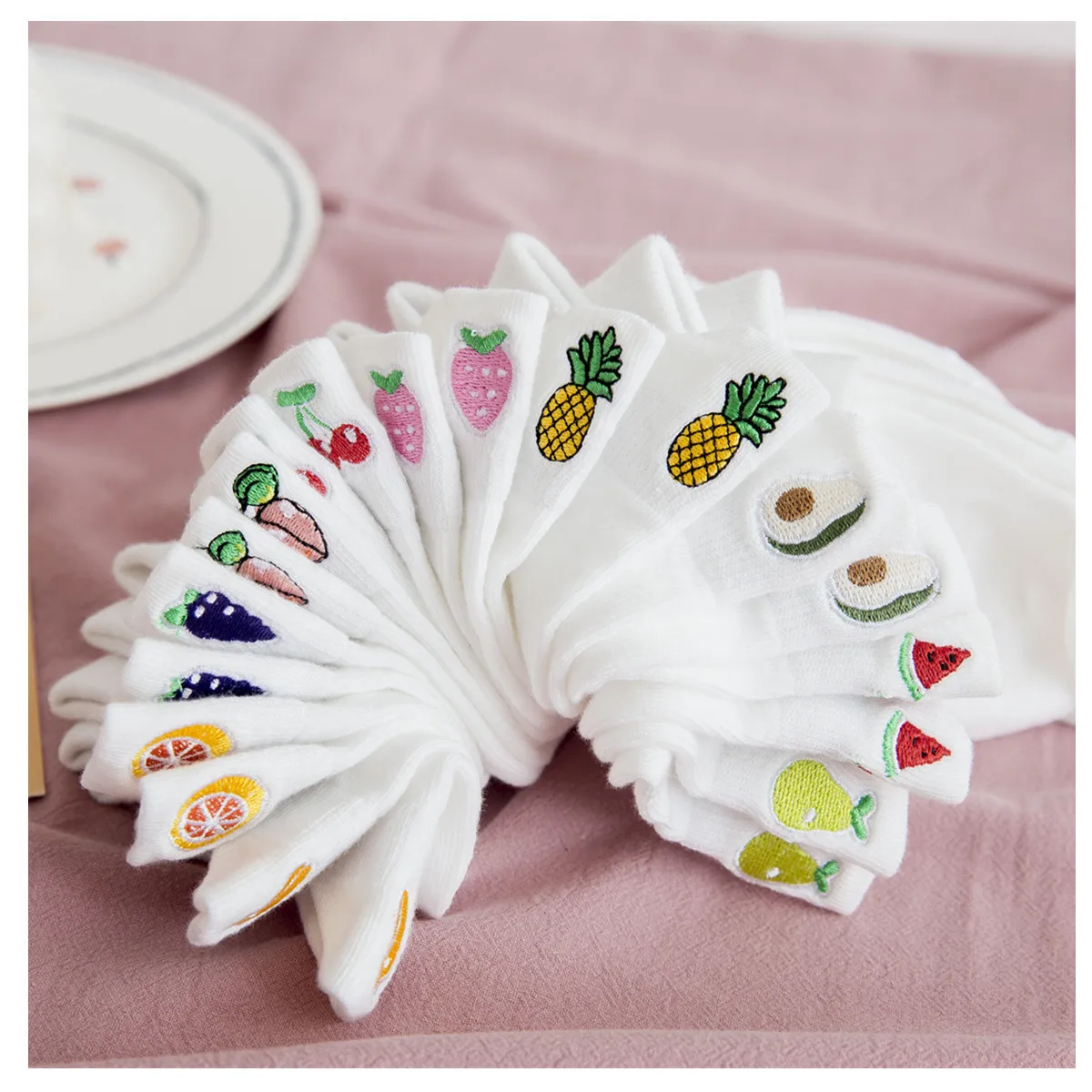 Casual Solid White Socks Women Embroidery Fruits Avocado Strawberry Watermelon Banana Short Socks Summer Harajuku Ankle Socks