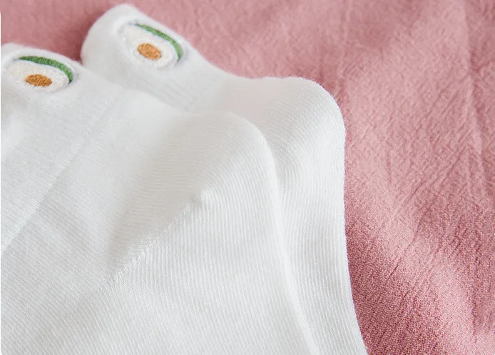 Casual Solid White Socks Women Embroidery Fruits Avocado Strawberry Watermelon Banana Short Socks Summer Harajuku Ankle Socks