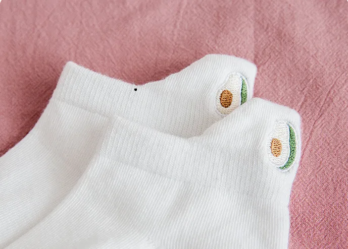 Casual Solid White Socks Women Embroidery Fruits Avocado Strawberry Watermelon Banana Short Socks Summer Harajuku Ankle Socks