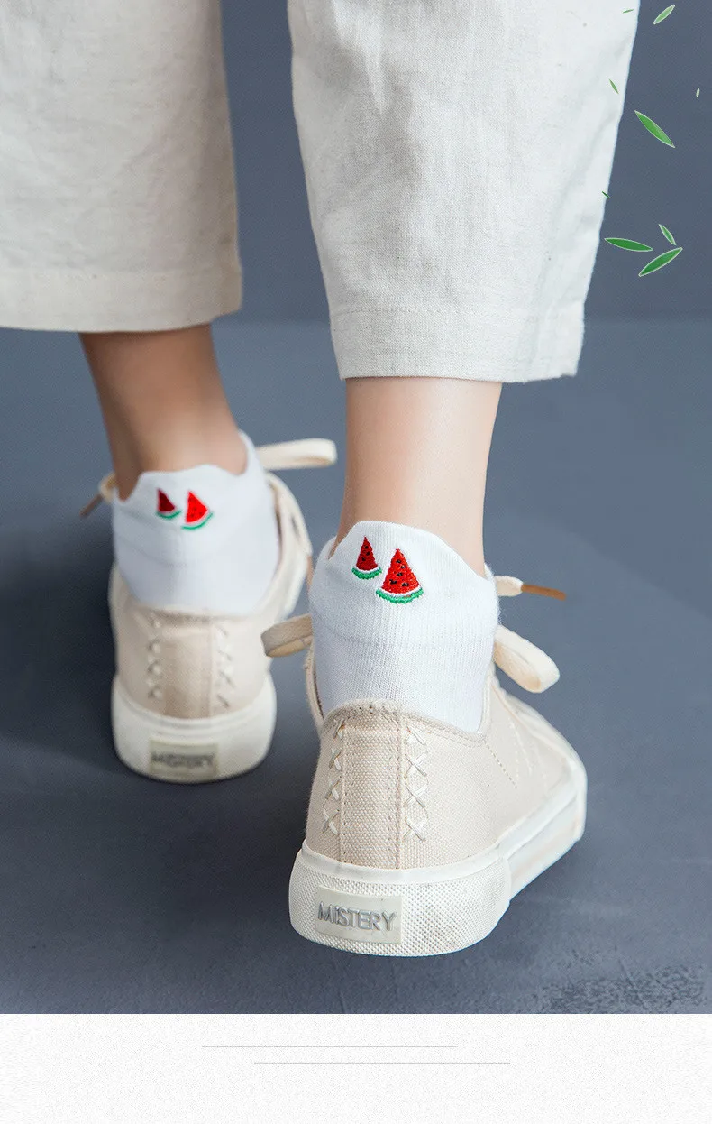 Casual Solid White Socks Women Embroidery Fruits Avocado Strawberry Watermelon Banana Short Socks Summer Harajuku Ankle Socks