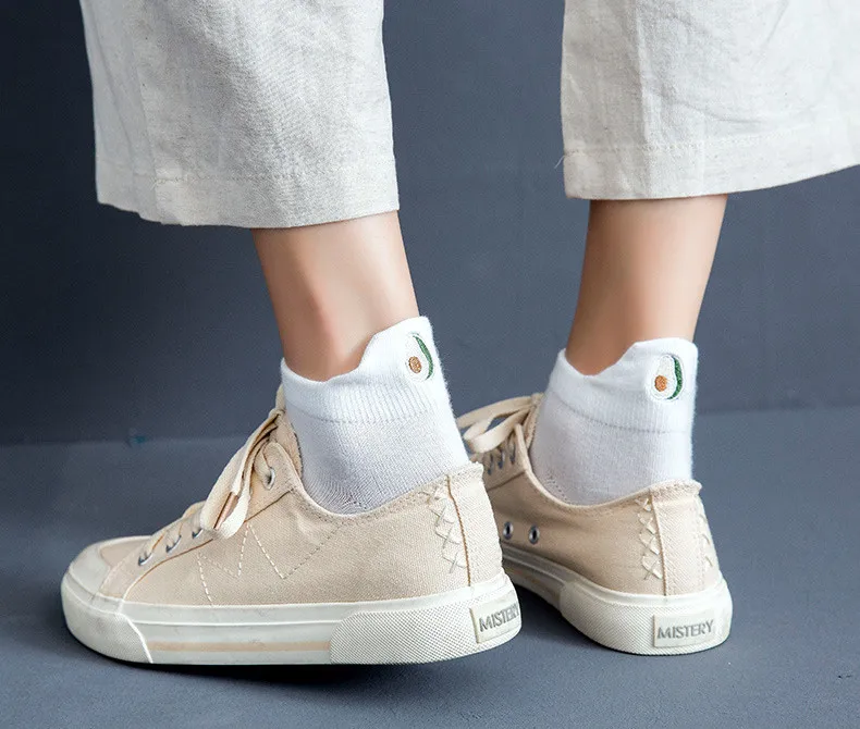 Casual Solid White Socks Women Embroidery Fruits Avocado Strawberry Watermelon Banana Short Socks Summer Harajuku Ankle Socks