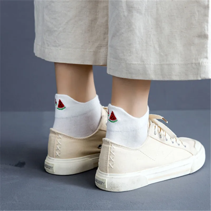Casual Solid White Socks Women Embroidery Fruits Avocado Strawberry Watermelon Banana Short Socks Summer Harajuku Ankle Socks