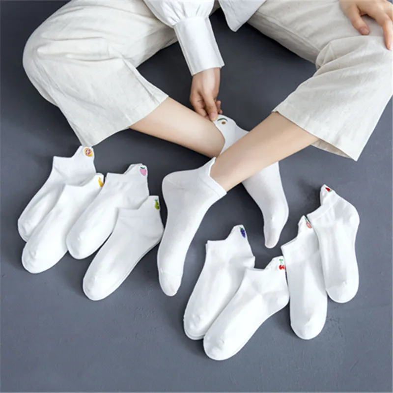 Casual Solid White Socks Women Embroidery Fruits Avocado Strawberry Watermelon Banana Short Socks Summer Harajuku Ankle Socks