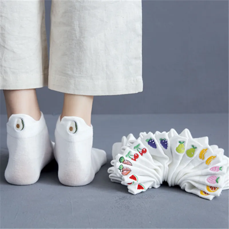 Casual Solid White Socks Women Embroidery Fruits Avocado Strawberry Watermelon Banana Short Socks Summer Harajuku Ankle Socks
