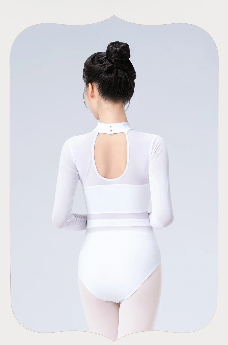 Black White Ballet Leotards For Women Long Sleeve Mesh Splice Adult Ballet Dance Wear Gymnastics Leotard Bodysuit