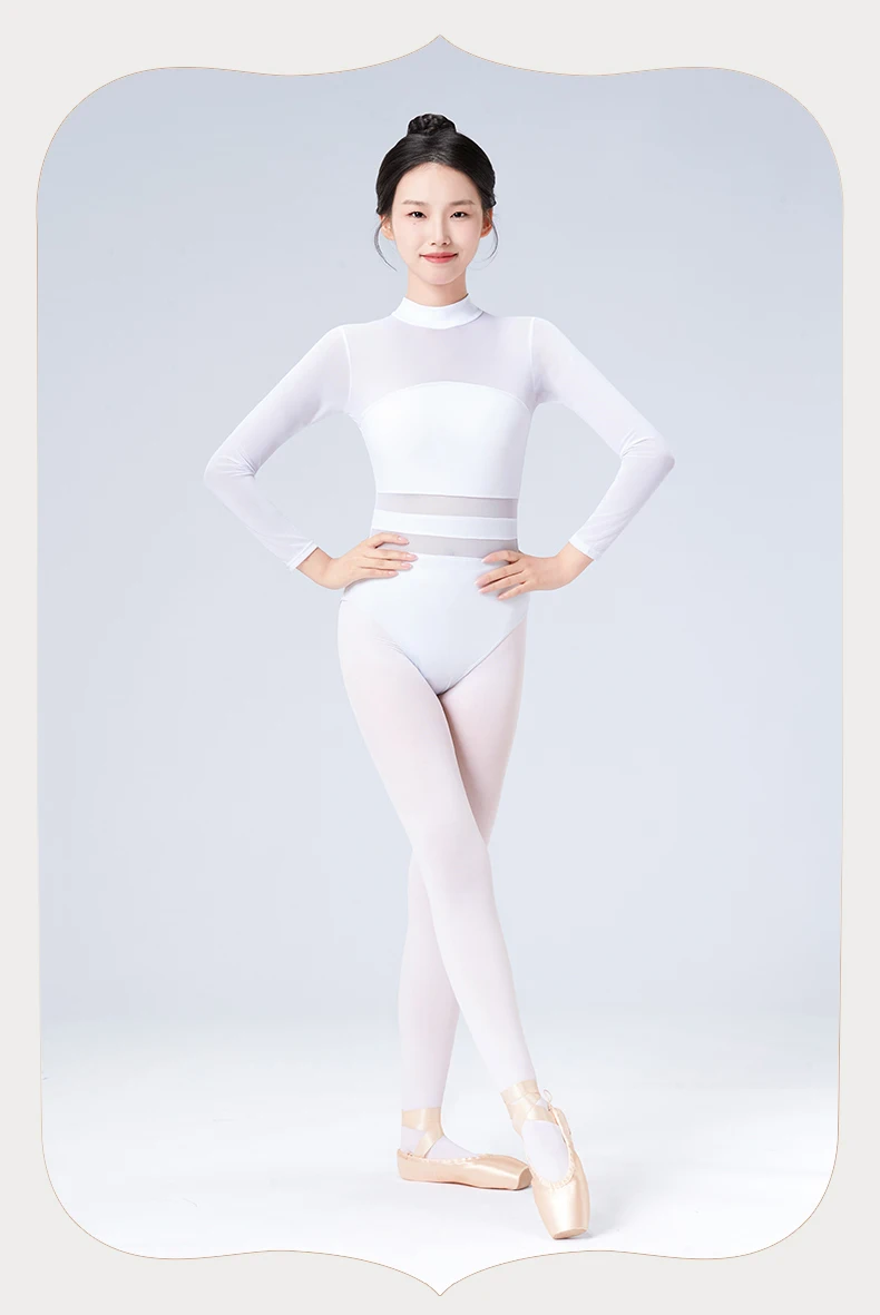 Black White Ballet Leotards For Women Long Sleeve Mesh Splice Adult Ballet Dance Wear Gymnastics Leotard Bodysuit