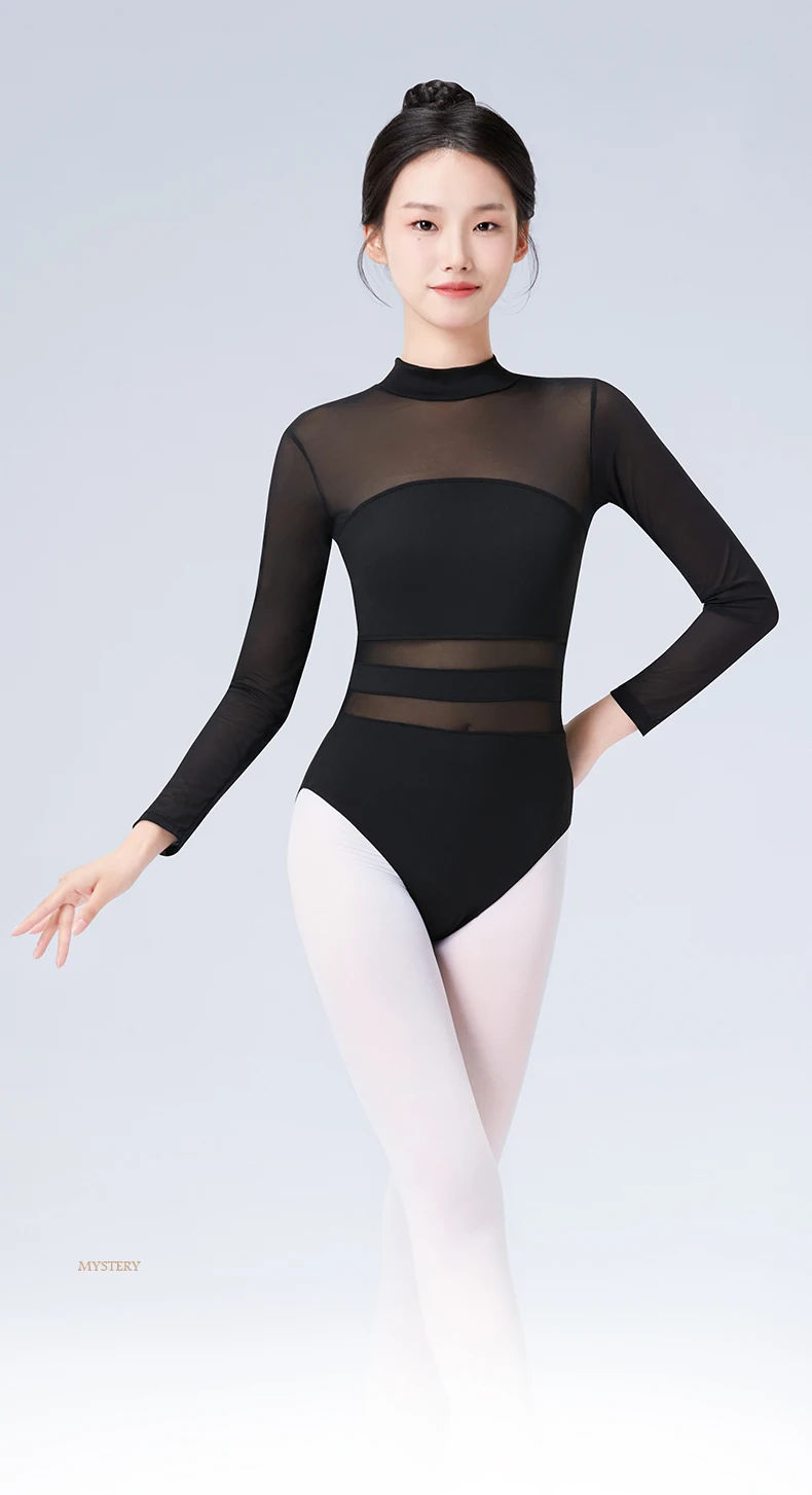 Black White Ballet Leotards For Women Long Sleeve Mesh Splice Adult Ballet Dance Wear Gymnastics Leotard Bodysuit