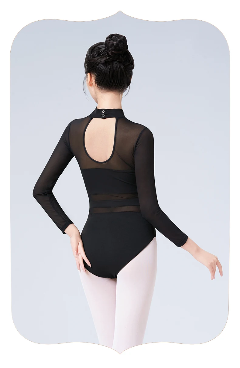 Black White Ballet Leotards For Women Long Sleeve Mesh Splice Adult Ballet Dance Wear Gymnastics Leotard Bodysuit