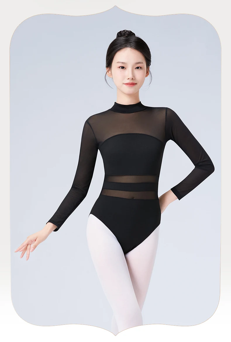 Black White Ballet Leotards For Women Long Sleeve Mesh Splice Adult Ballet Dance Wear Gymnastics Leotard Bodysuit