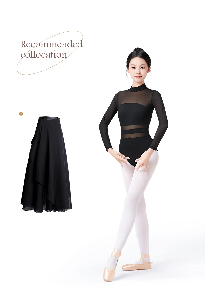 Black White Ballet Leotards For Women Long Sleeve Mesh Splice Adult Ballet Dance Wear Gymnastics Leotard Bodysuit