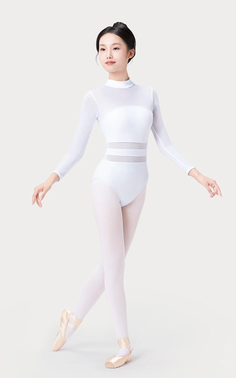Black White Ballet Leotards For Women Long Sleeve Mesh Splice Adult Ballet Dance Wear Gymnastics Leotard Bodysuit