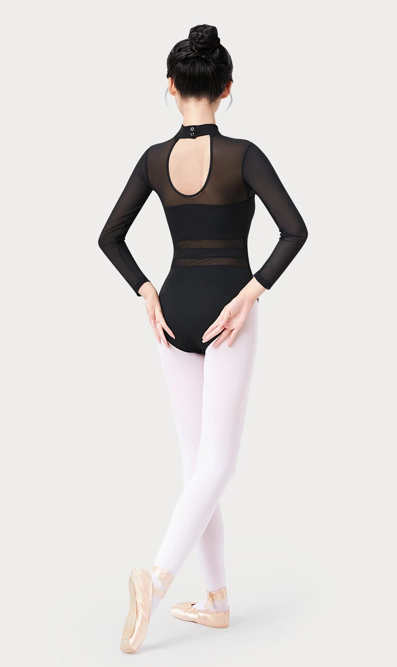 Black White Ballet Leotards For Women Long Sleeve Mesh Splice Adult Ballet Dance Wear Gymnastics Leotard Bodysuit