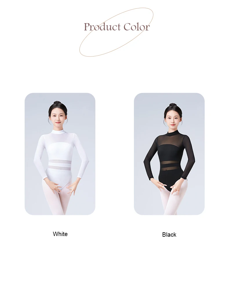 Black White Ballet Leotards For Women Long Sleeve Mesh Splice Adult Ballet Dance Wear Gymnastics Leotard Bodysuit