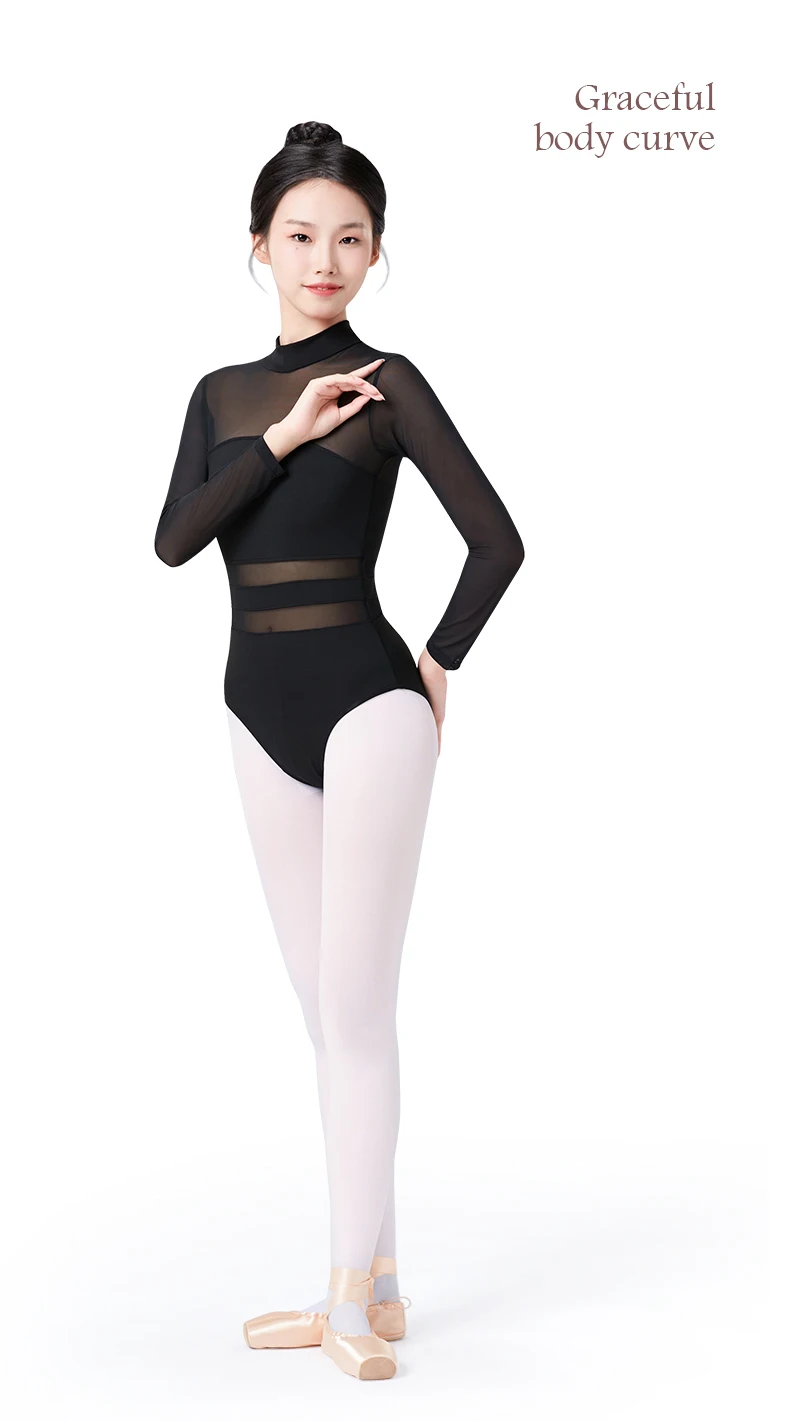 Black White Ballet Leotards For Women Long Sleeve Mesh Splice Adult Ballet Dance Wear Gymnastics Leotard Bodysuit