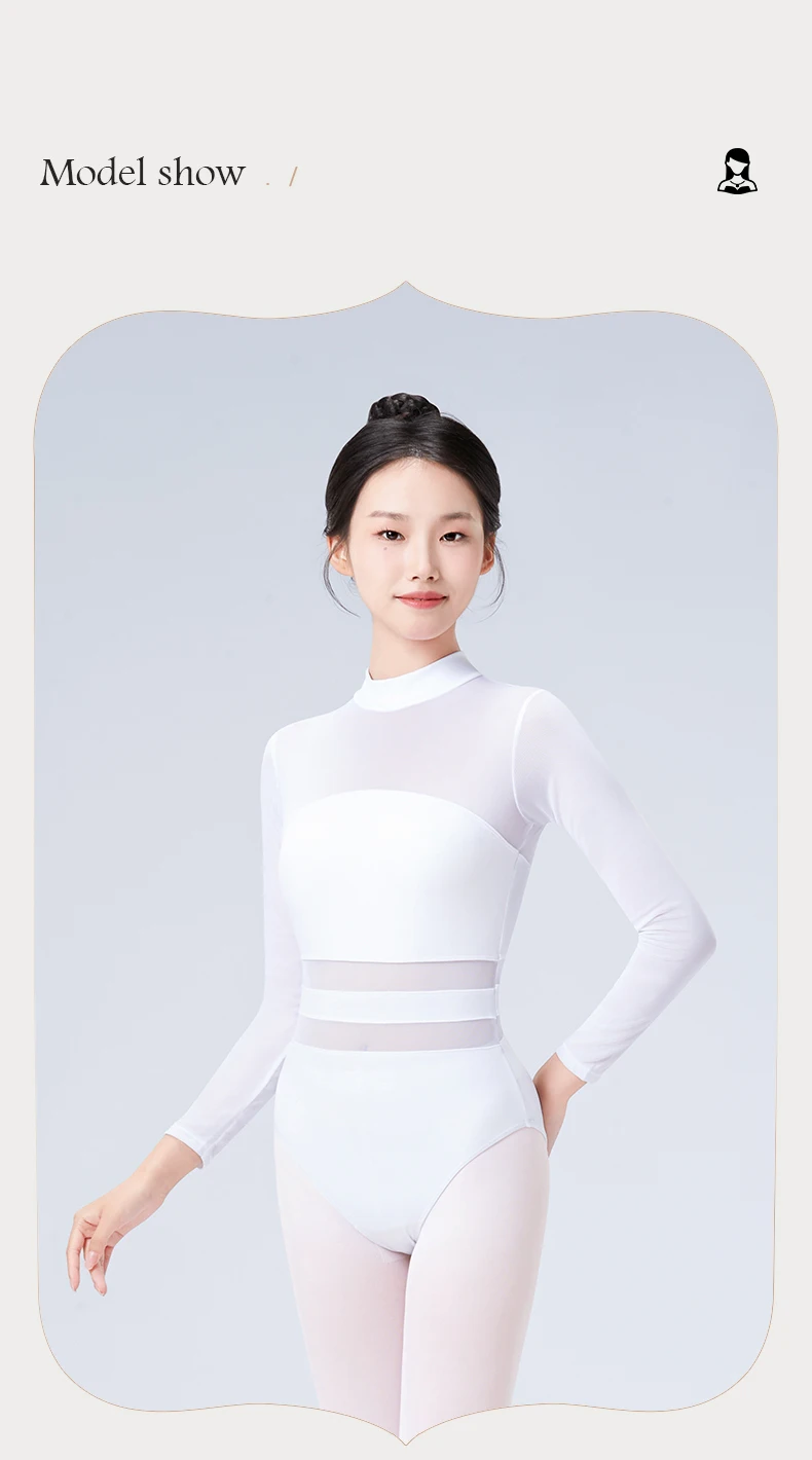 Black White Ballet Leotards For Women Long Sleeve Mesh Splice Adult Ballet Dance Wear Gymnastics Leotard Bodysuit