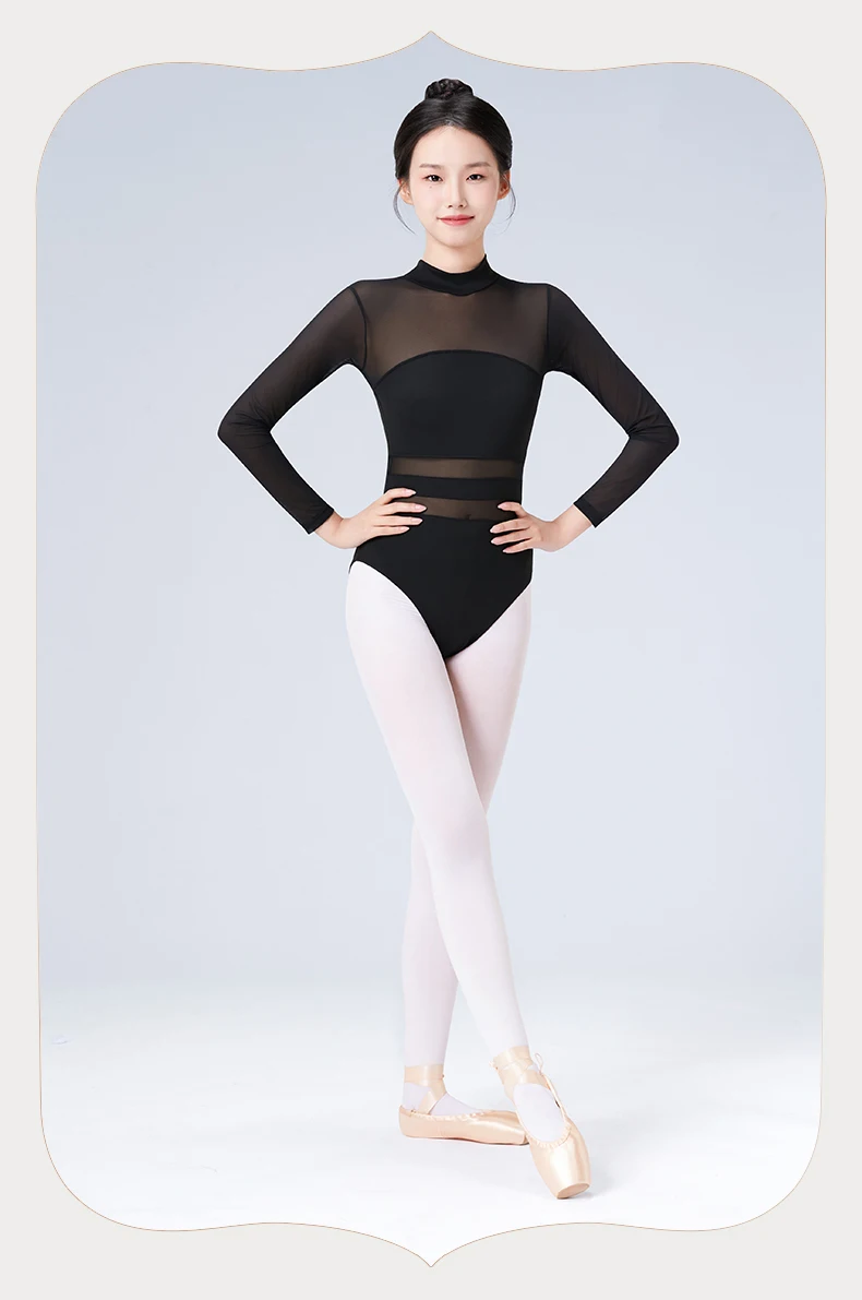 Black White Ballet Leotards For Women Long Sleeve Mesh Splice Adult Ballet Dance Wear Gymnastics Leotard Bodysuit