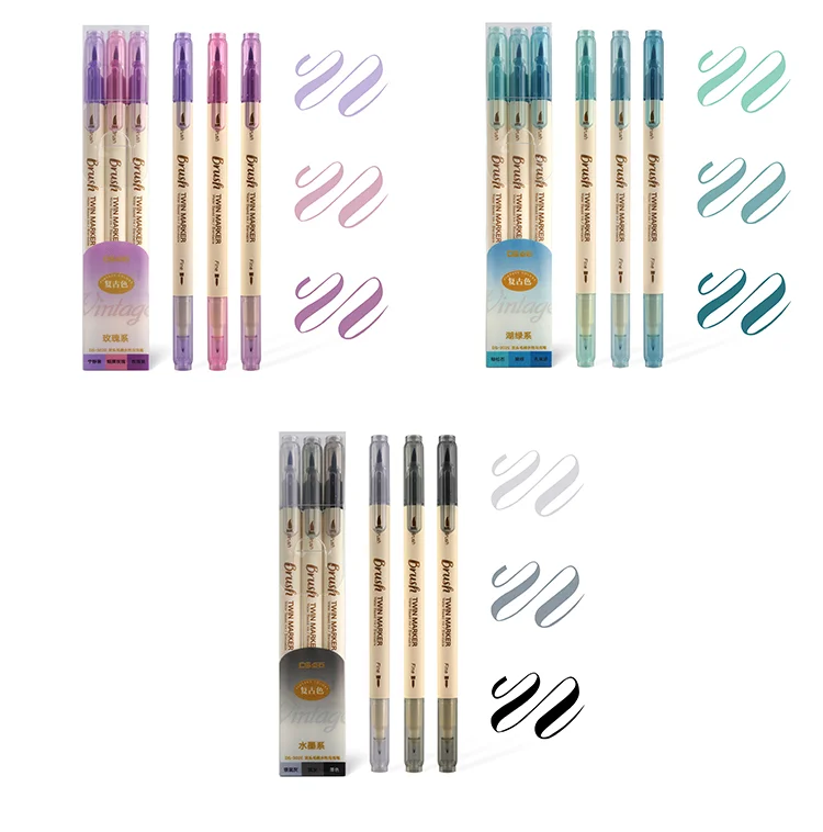 3pcs Retro Color Twin Marker Pens Set Brush Drawing Fine Liner Water Based Ink Blendable Watercolor Art Painting School A6133