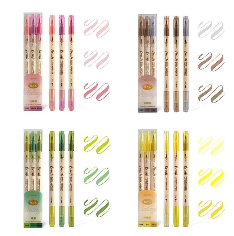 3pcs Retro Color Twin Marker Pens Set Brush Drawing Fine Liner Water Based Ink Blendable Watercolor Art Painting School A6133