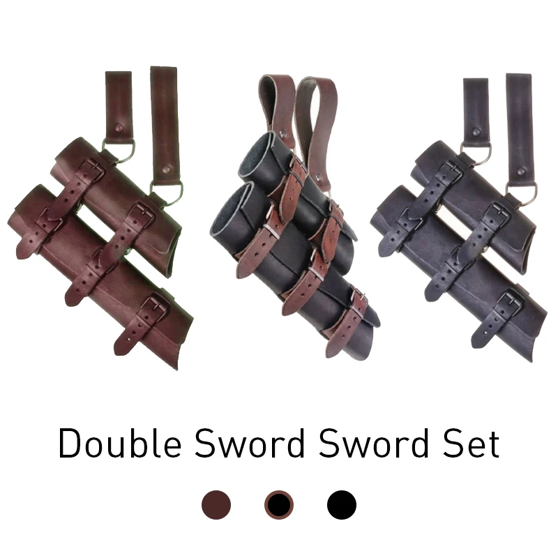 Medieval Double Sword Sheath Scabbard Leather Sword Waist Belt Vintage Dagger Frog Holder For Men Larp Knight Costume Accessory