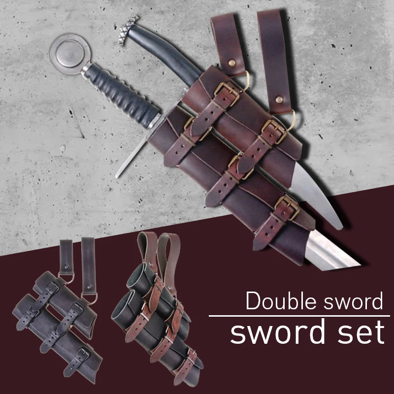 Medieval Double Sword Sheath Scabbard Leather Sword Waist Belt Vintage Dagger Frog Holder For Men Larp Knight Costume Accessory
