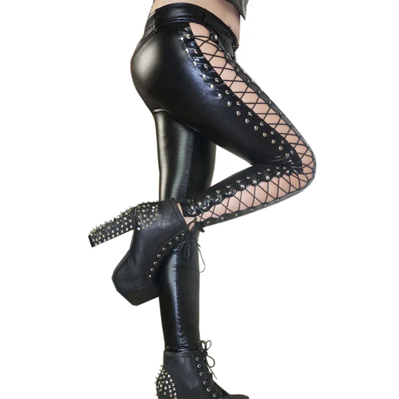 Womens Wet Look High Street Sexy Clubwear Moto Punk Leather Side Lace up Leggings Stretchy Skinny Pants Long Trousers