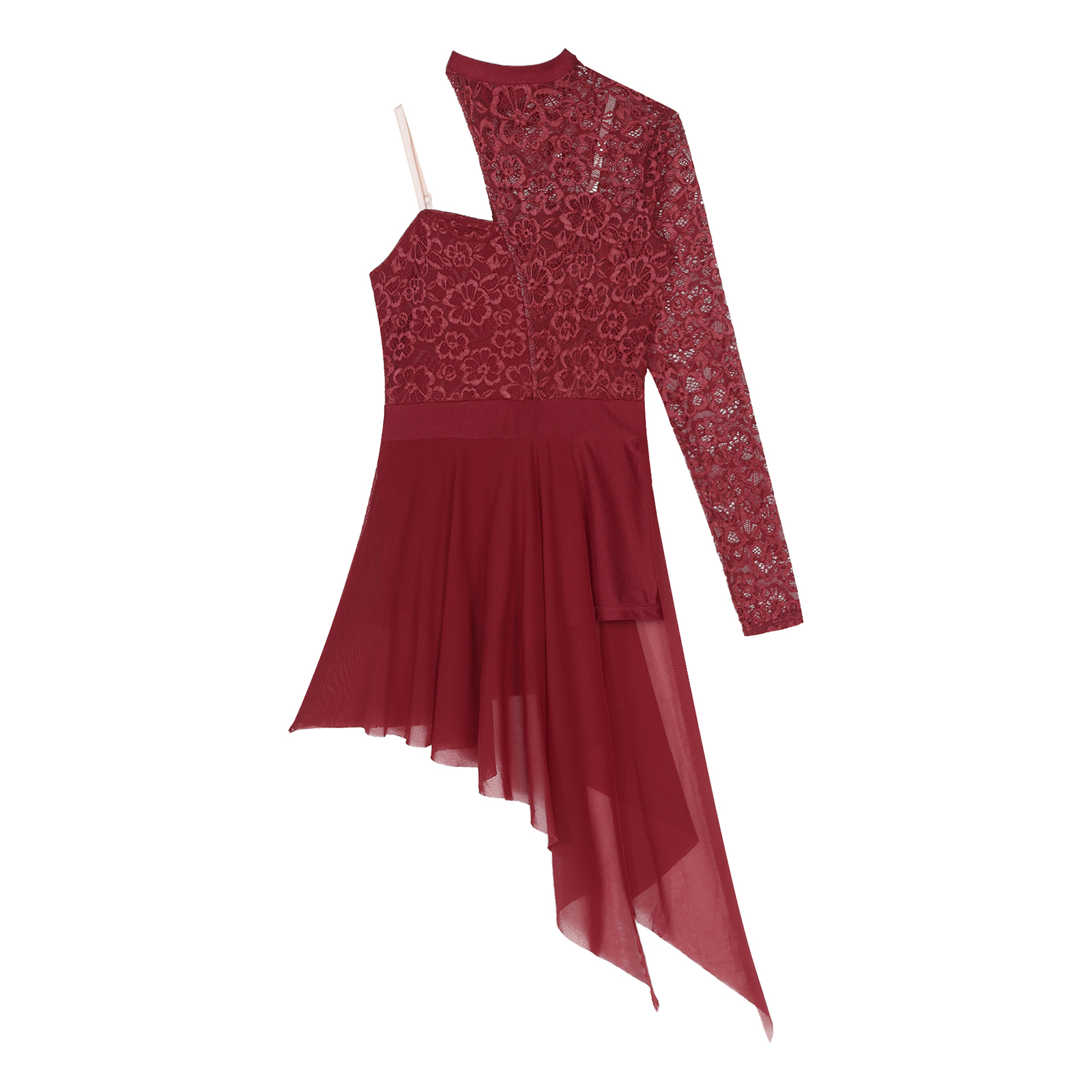 Womens Lyrical Dance Dress One Shoulder Long Sleeve Sheer Lace Ballet Gymnastics Leotard Dresses Modern Contemporary Dancewear