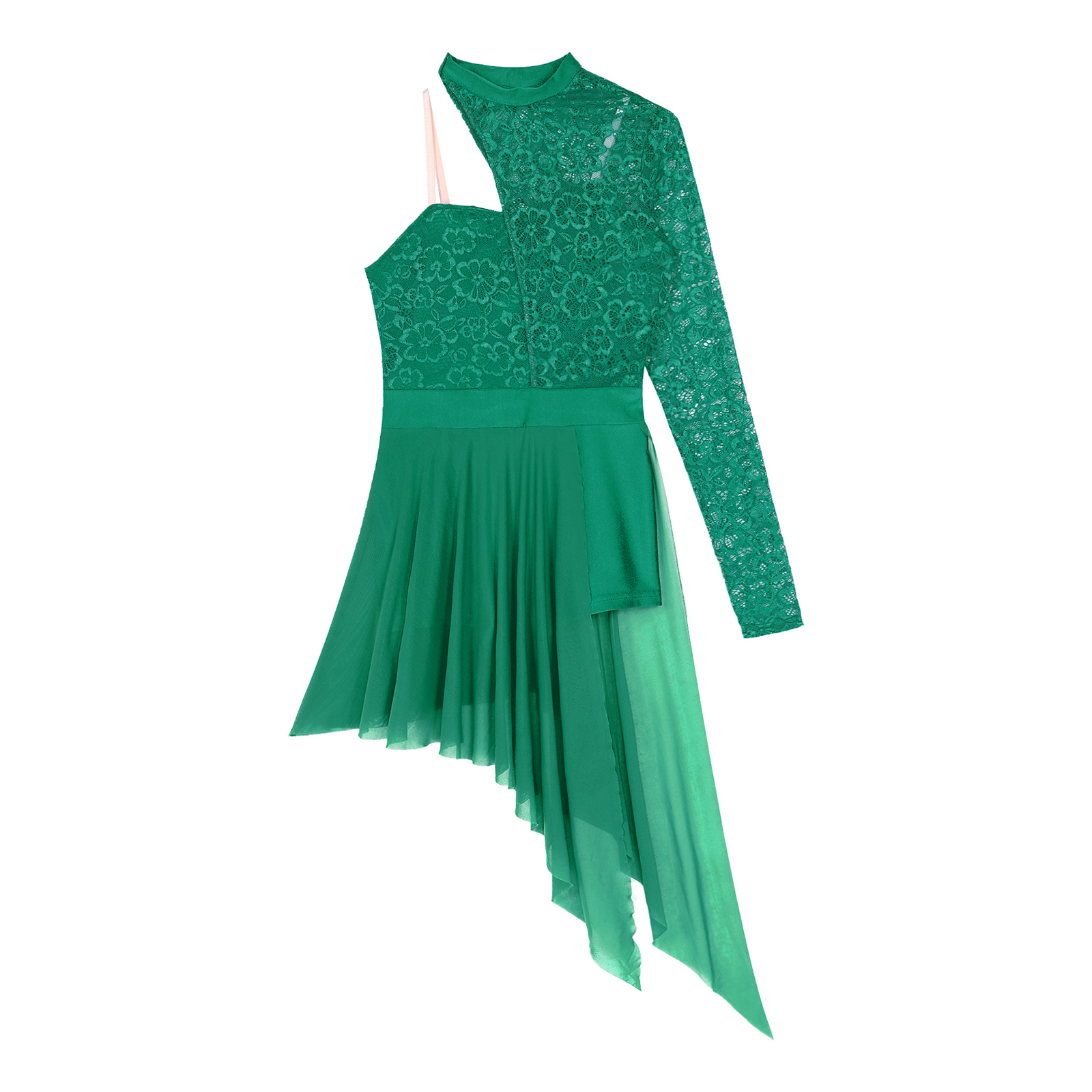 Womens Lyrical Dance Dress One Shoulder Long Sleeve Sheer Lace Ballet Gymnastics Leotard Dresses Modern Contemporary Dancewear