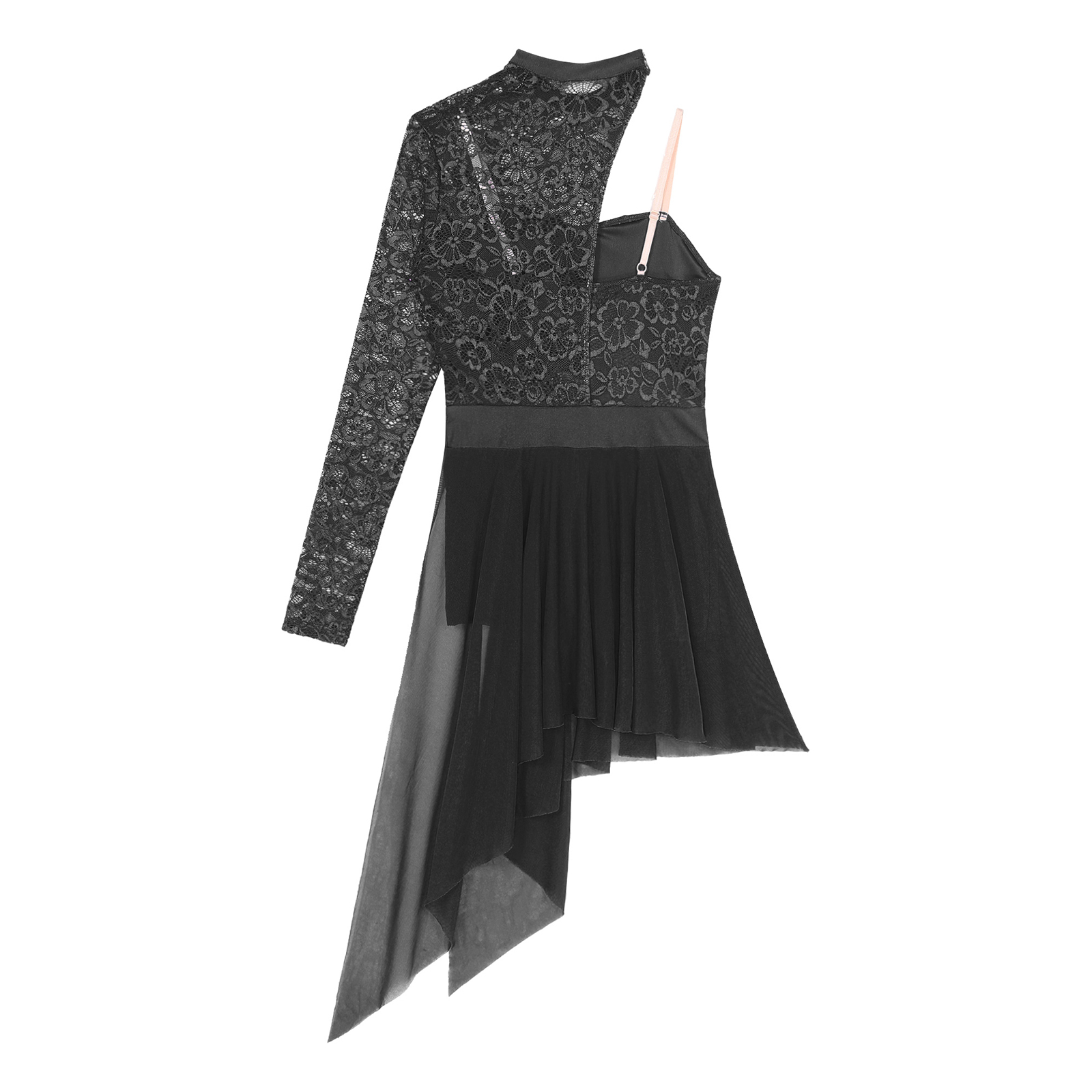 Womens Lyrical Dance Dress One Shoulder Long Sleeve Sheer Lace Ballet Gymnastics Leotard Dresses Modern Contemporary Dancewear