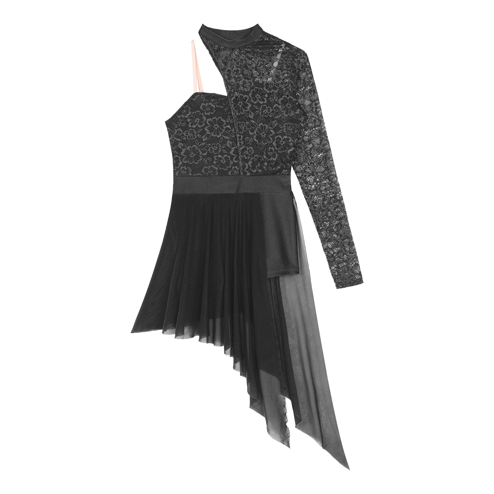 Womens Lyrical Dance Dress One Shoulder Long Sleeve Sheer Lace Ballet Gymnastics Leotard Dresses Modern Contemporary Dancewear