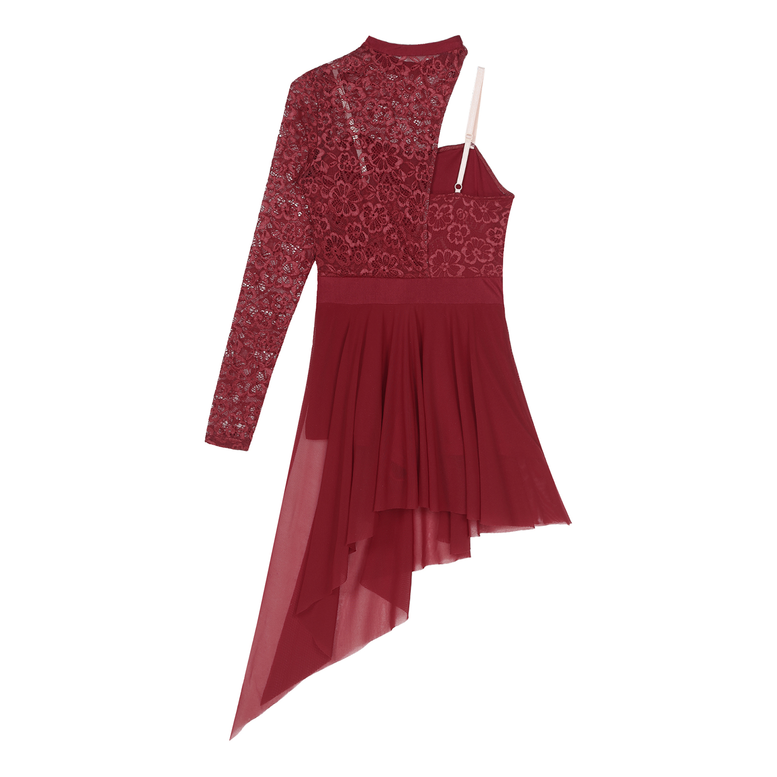 Womens Lyrical Dance Dress One Shoulder Long Sleeve Sheer Lace Ballet Gymnastics Leotard Dresses Modern Contemporary Dancewear