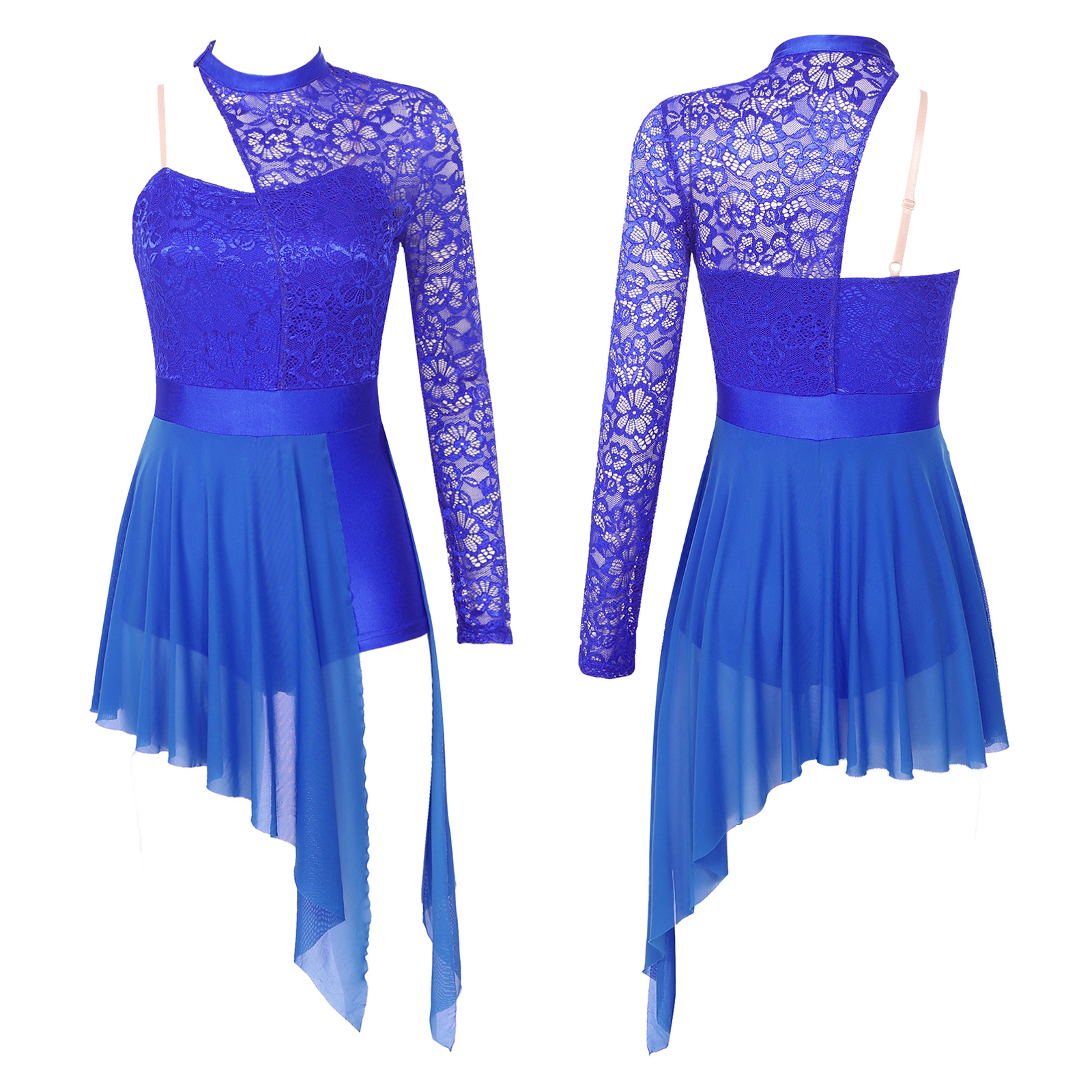 Womens Lyrical Dance Dress One Shoulder Long Sleeve Sheer Lace Ballet Gymnastics Leotard Dresses Modern Contemporary Dancewear