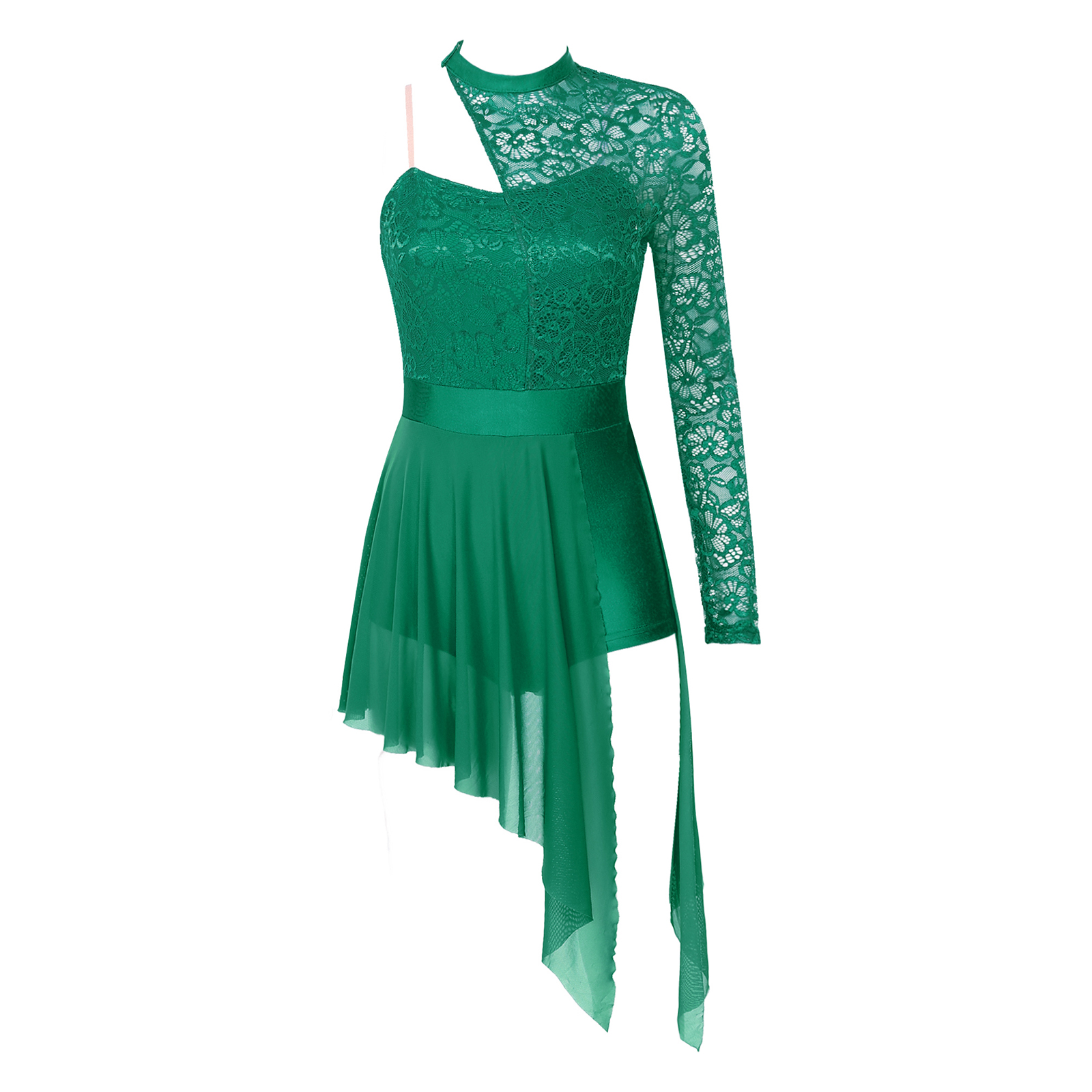 Womens Lyrical Dance Dress One Shoulder Long Sleeve Sheer Lace Ballet Gymnastics Leotard Dresses Modern Contemporary Dancewear
