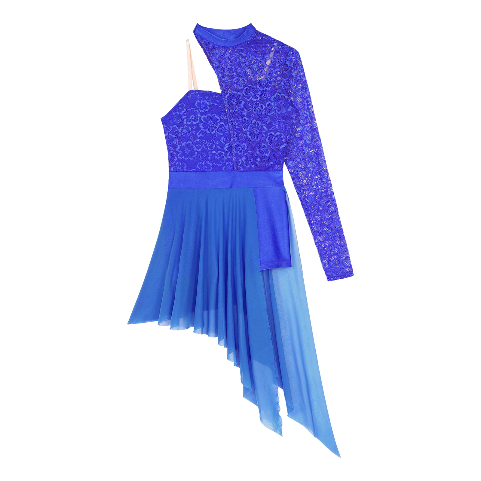 Womens Lyrical Dance Dress One Shoulder Long Sleeve Sheer Lace Ballet Gymnastics Leotard Dresses Modern Contemporary Dancewear