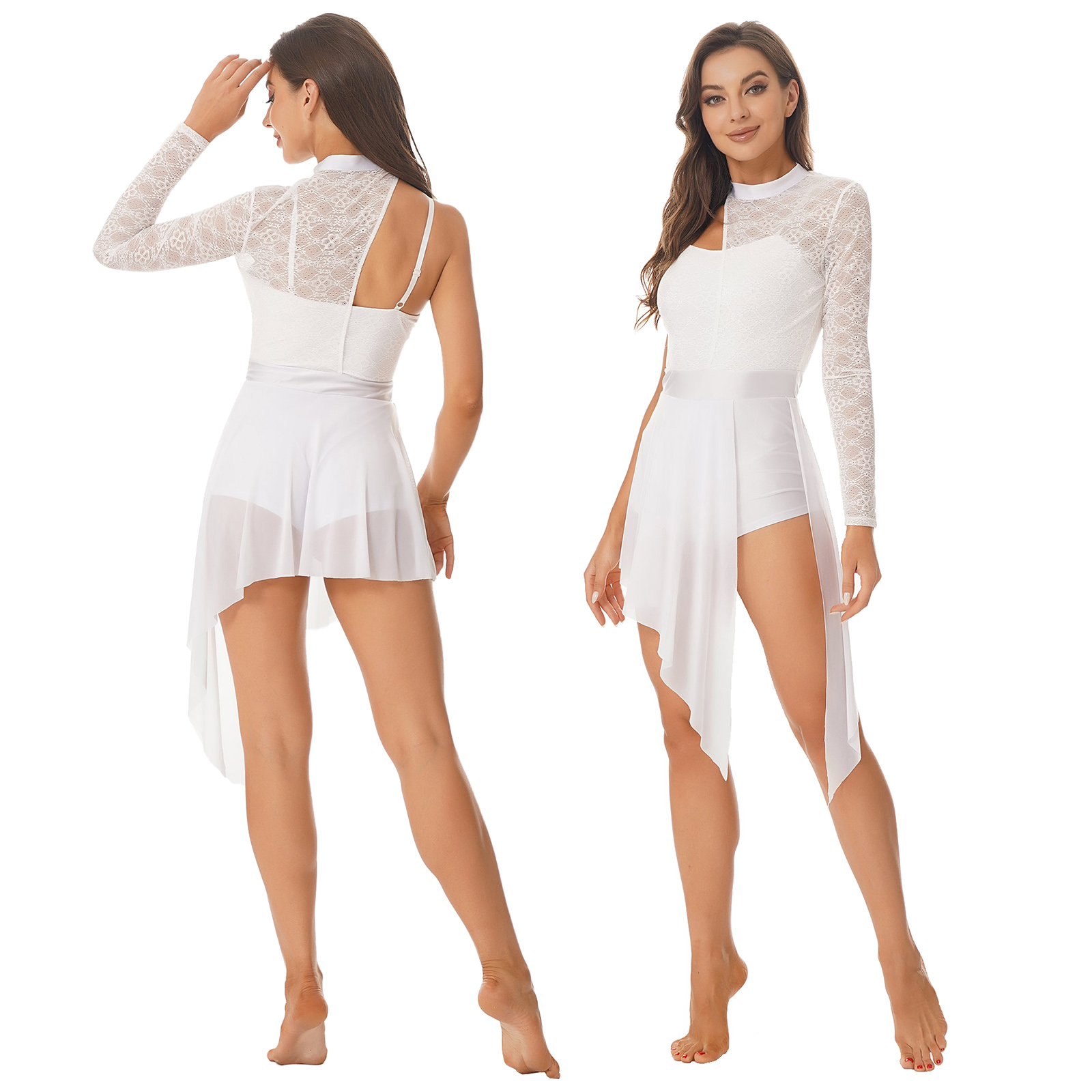 Womens Lyrical Dance Dress One Shoulder Long Sleeve Sheer Lace Ballet Gymnastics Leotard Dresses Modern Contemporary Dancewear