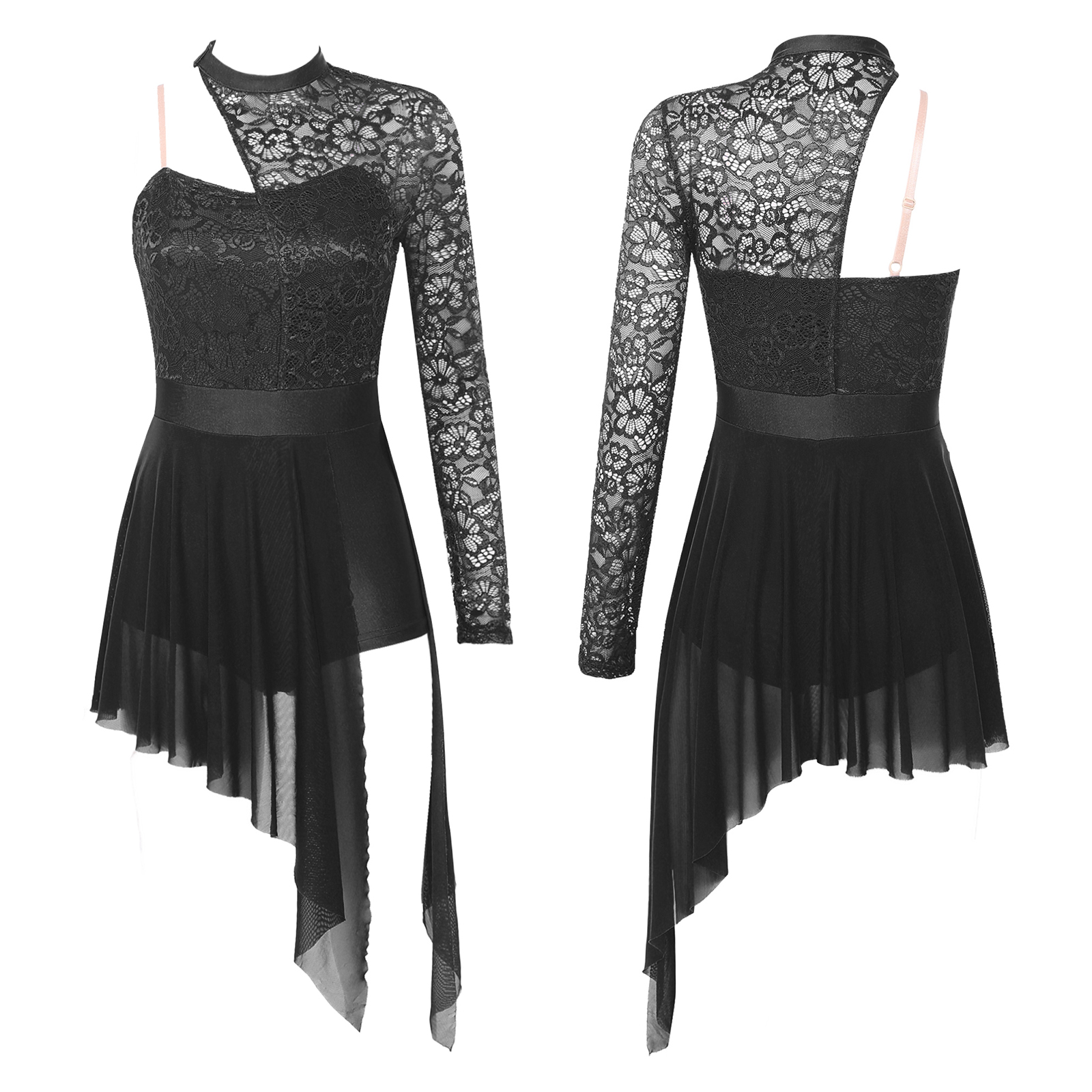 Womens Lyrical Dance Dress One Shoulder Long Sleeve Sheer Lace Ballet Gymnastics Leotard Dresses Modern Contemporary Dancewear