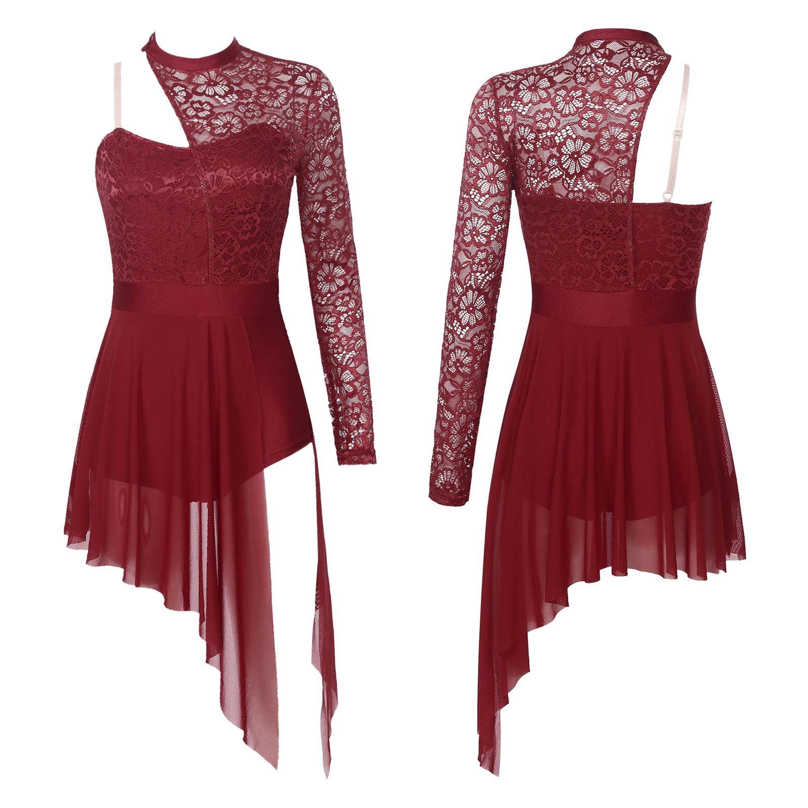 Womens Lyrical Dance Dress One Shoulder Long Sleeve Sheer Lace Ballet Gymnastics Leotard Dresses Modern Contemporary Dancewear