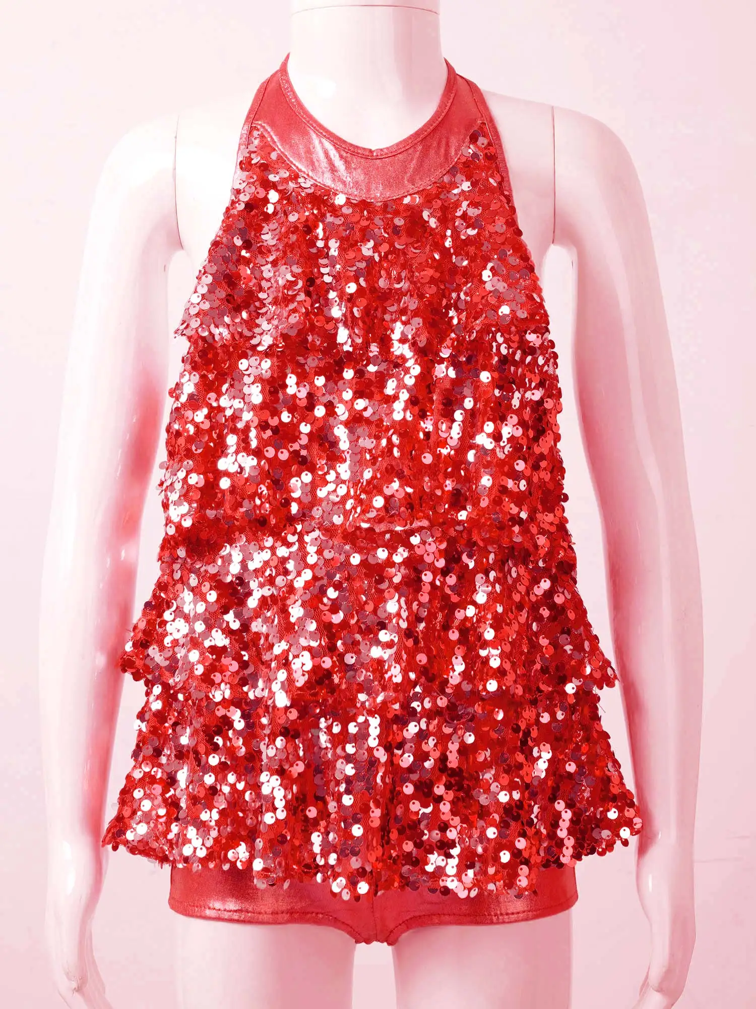 Kids Halter Shiny Sequins Gymnastics Shorty Unitards Dress Girls Ballet Leotard Stage Performance Latin Jazz Dance Costume