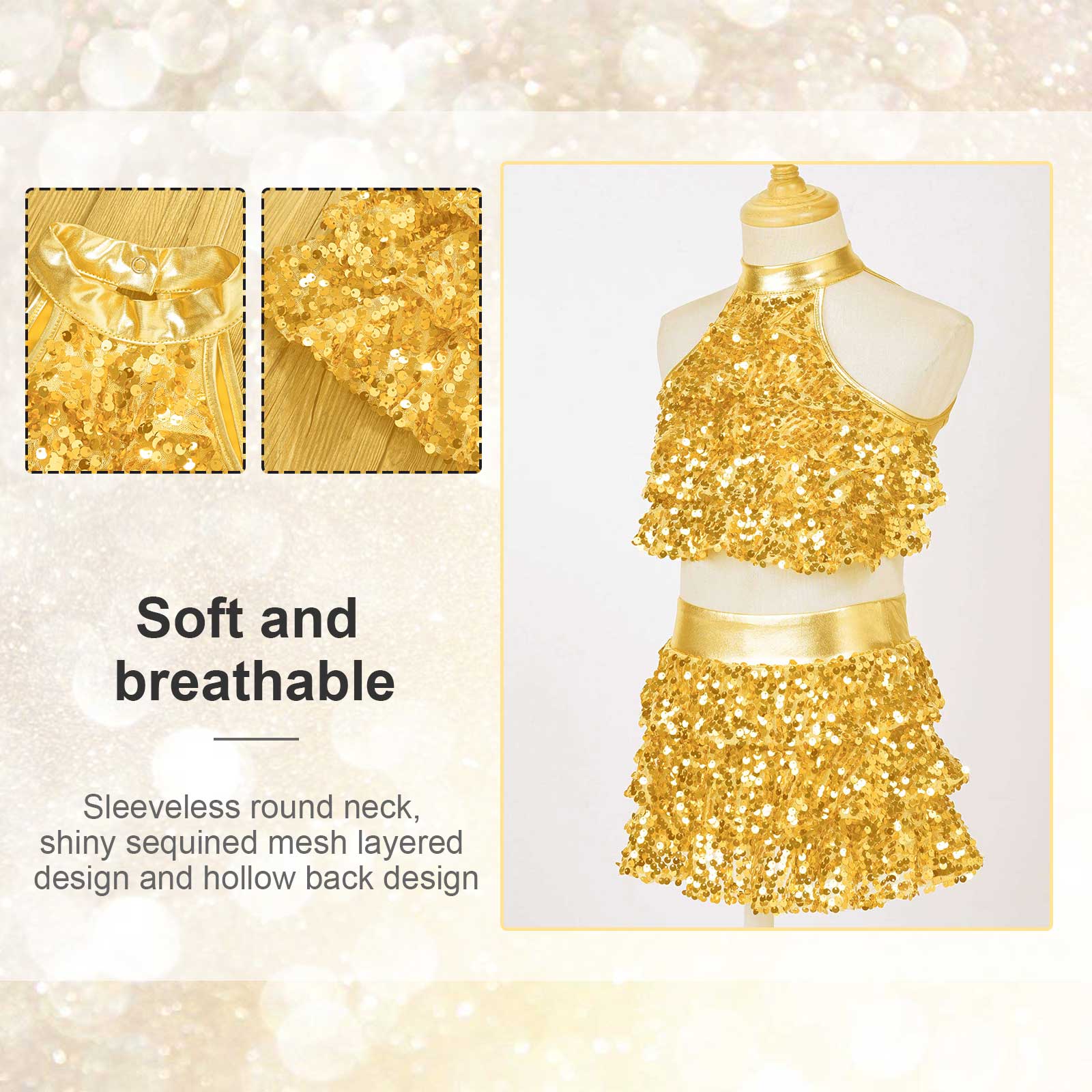 Kids Halter Shiny Sequins Gymnastics Shorty Unitards Dress Girls Ballet Leotard Stage Performance Latin Jazz Dance Costume