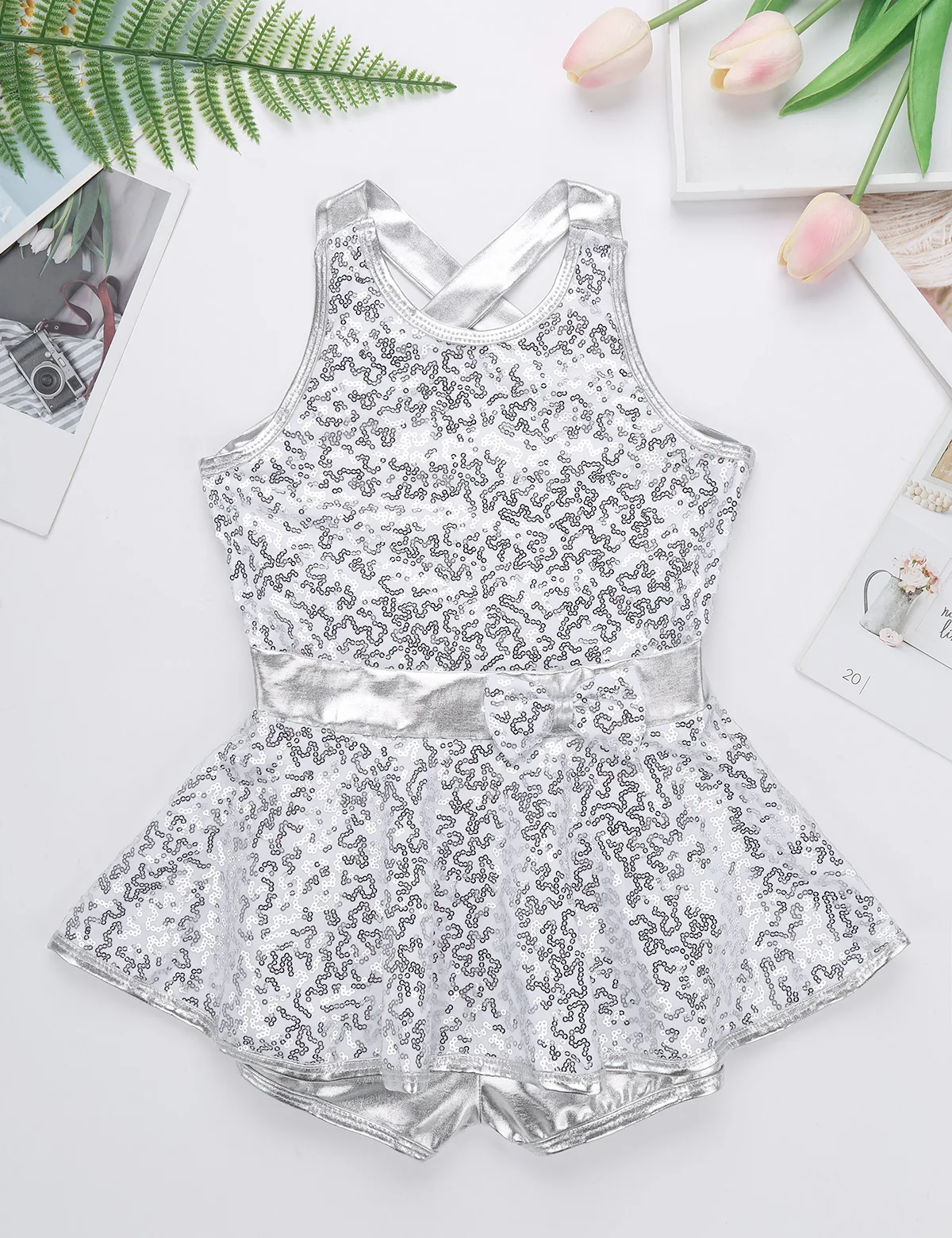 Kids Halter Shiny Sequins Gymnastics Shorty Unitards Dress Girls Ballet Leotard Stage Performance Latin Jazz Dance Costume