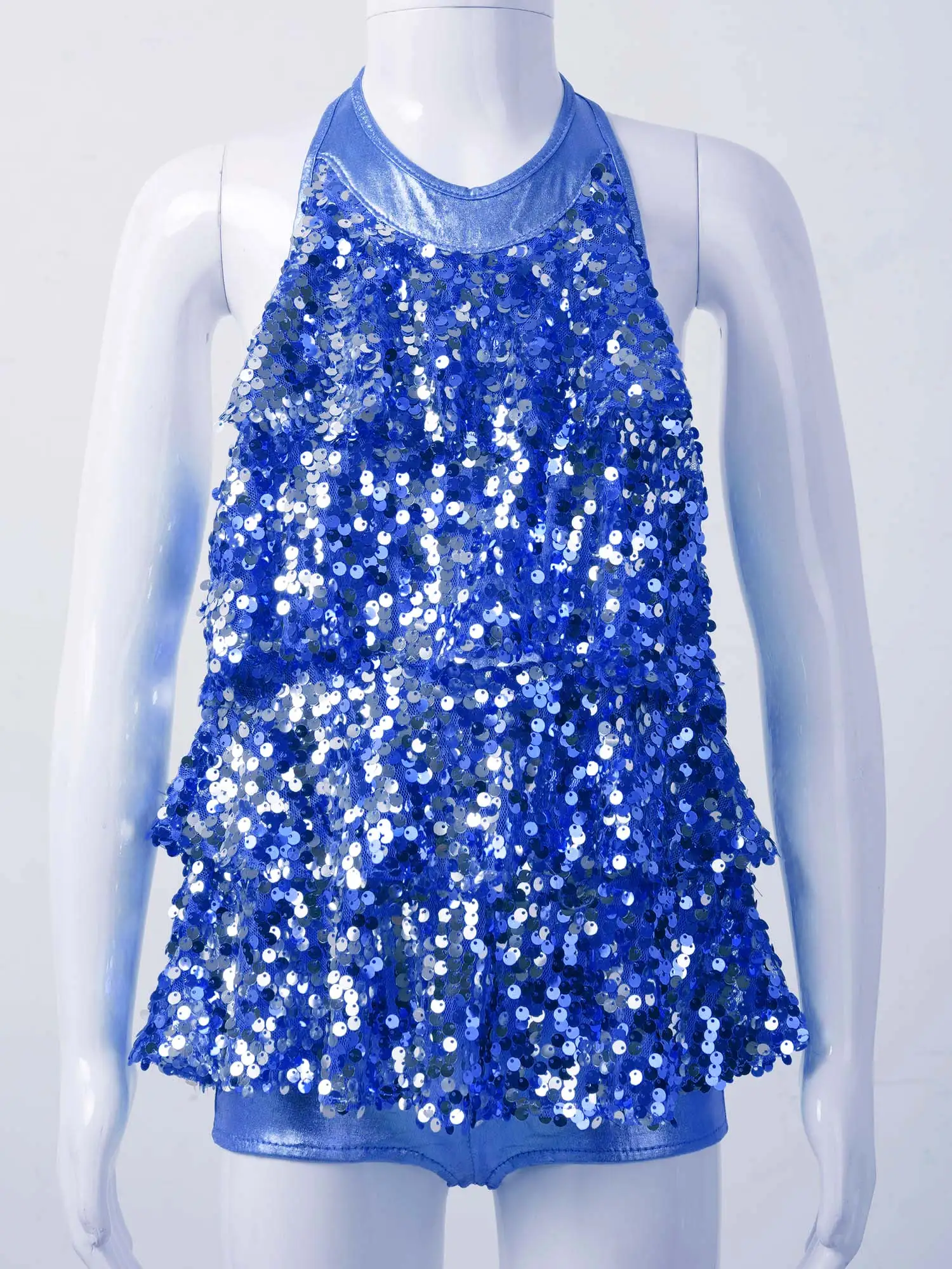 Kids Halter Shiny Sequins Gymnastics Shorty Unitards Dress Girls Ballet Leotard Stage Performance Latin Jazz Dance Costume