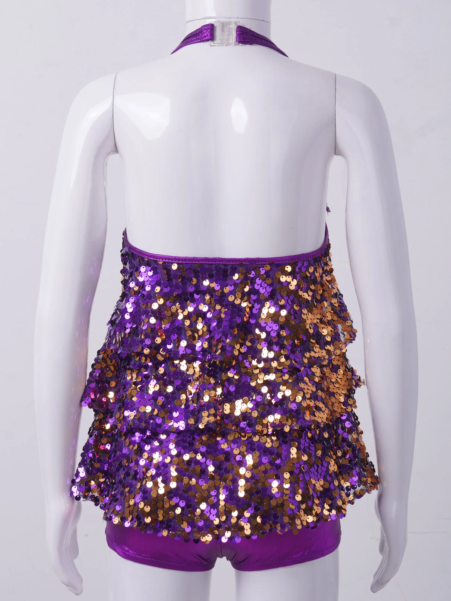 Kids Halter Shiny Sequins Gymnastics Shorty Unitards Dress Girls Ballet Leotard Stage Performance Latin Jazz Dance Costume