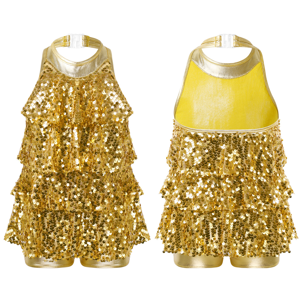Kids Halter Shiny Sequins Gymnastics Shorty Unitards Dress Girls Ballet Leotard Stage Performance Latin Jazz Dance Costume