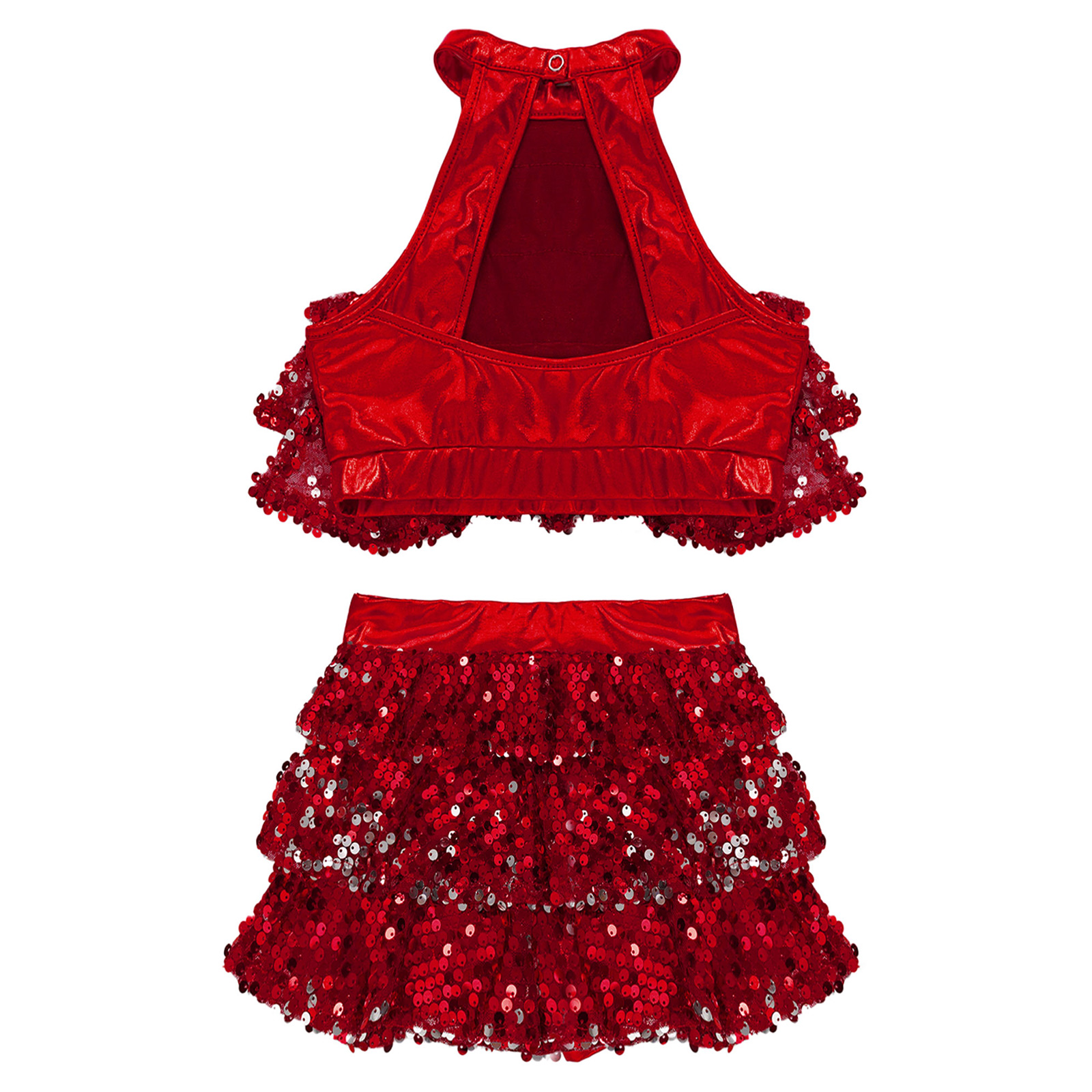 Kids Halter Shiny Sequins Gymnastics Shorty Unitards Dress Girls Ballet Leotard Stage Performance Latin Jazz Dance Costume