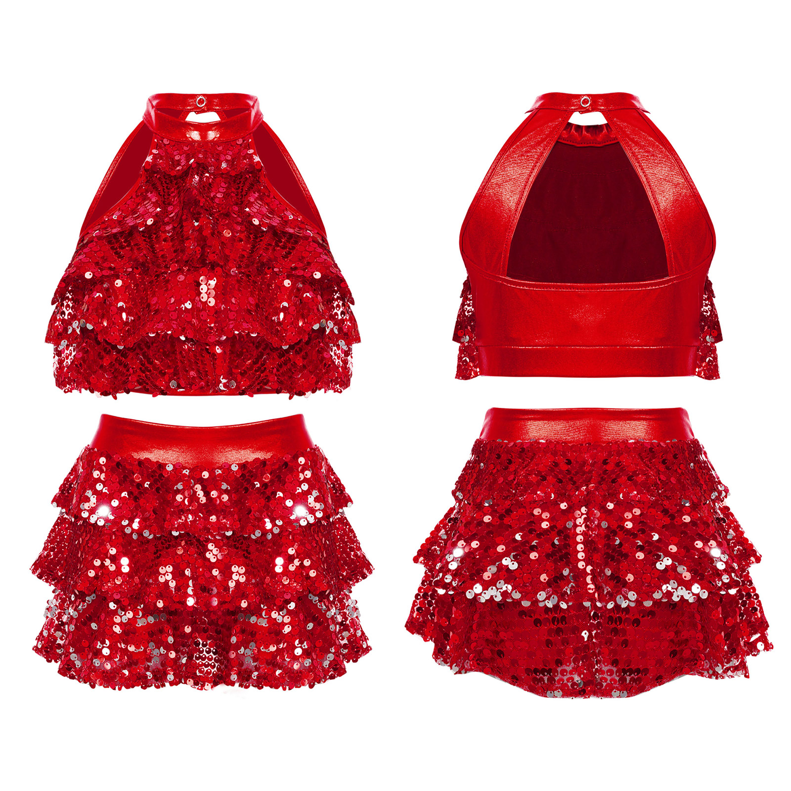 Kids Halter Shiny Sequins Gymnastics Shorty Unitards Dress Girls Ballet Leotard Stage Performance Latin Jazz Dance Costume