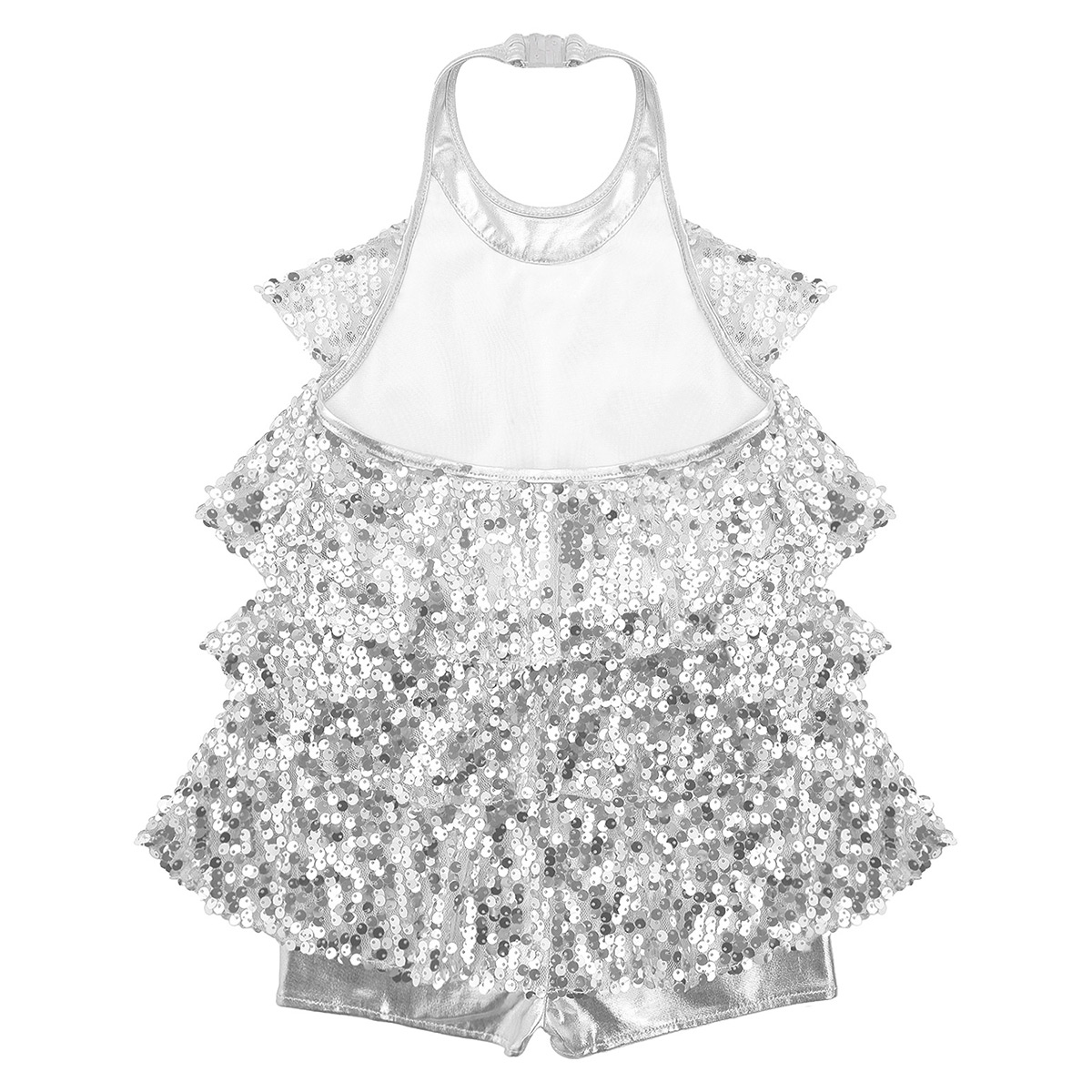 Kids Halter Shiny Sequins Gymnastics Shorty Unitards Dress Girls Ballet Leotard Stage Performance Latin Jazz Dance Costume