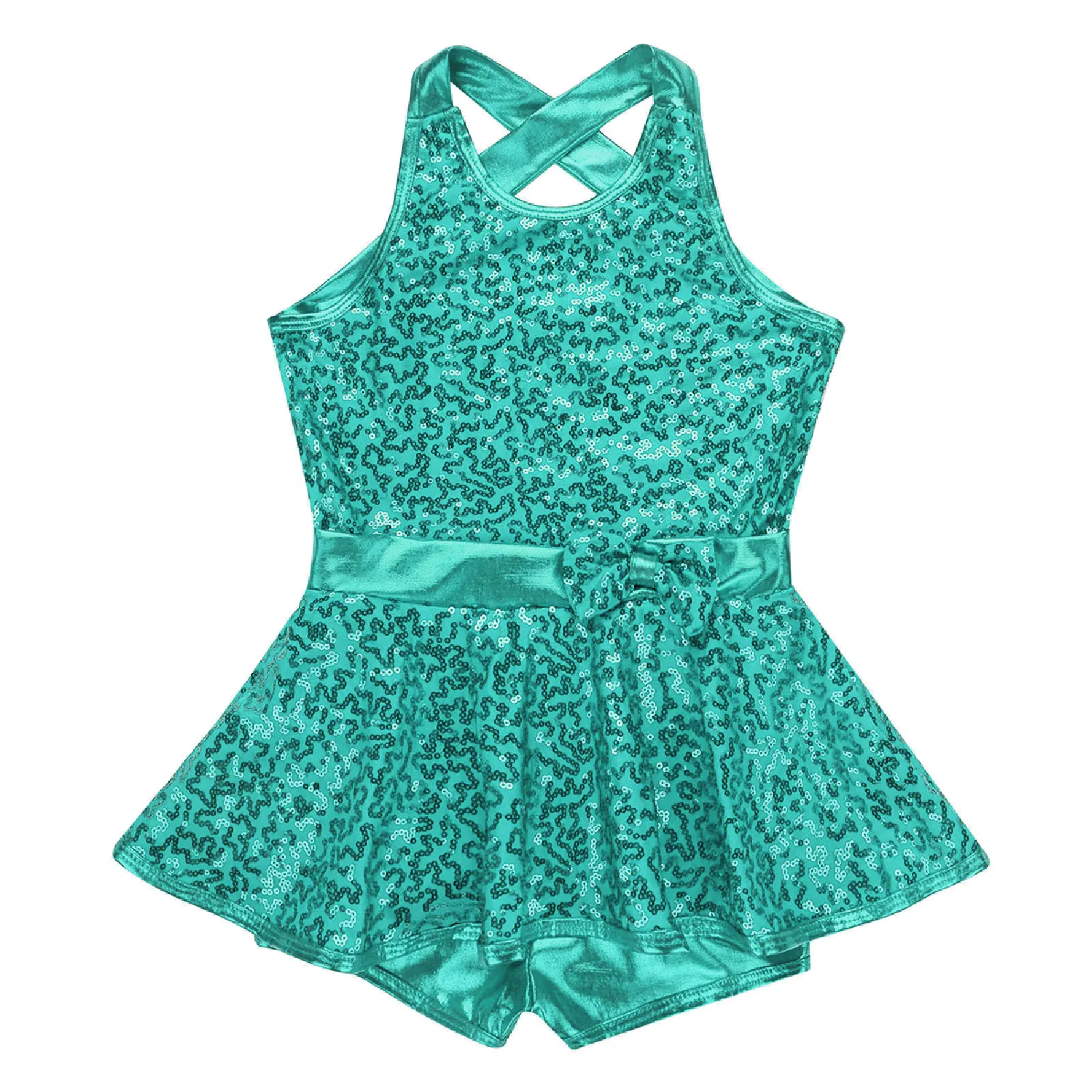 Kids Halter Shiny Sequins Gymnastics Shorty Unitards Dress Girls Ballet Leotard Stage Performance Latin Jazz Dance Costume