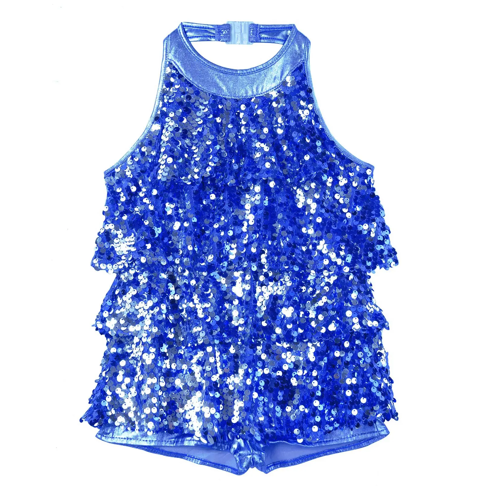 Kids Halter Shiny Sequins Gymnastics Shorty Unitards Dress Girls Ballet Leotard Stage Performance Latin Jazz Dance Costume