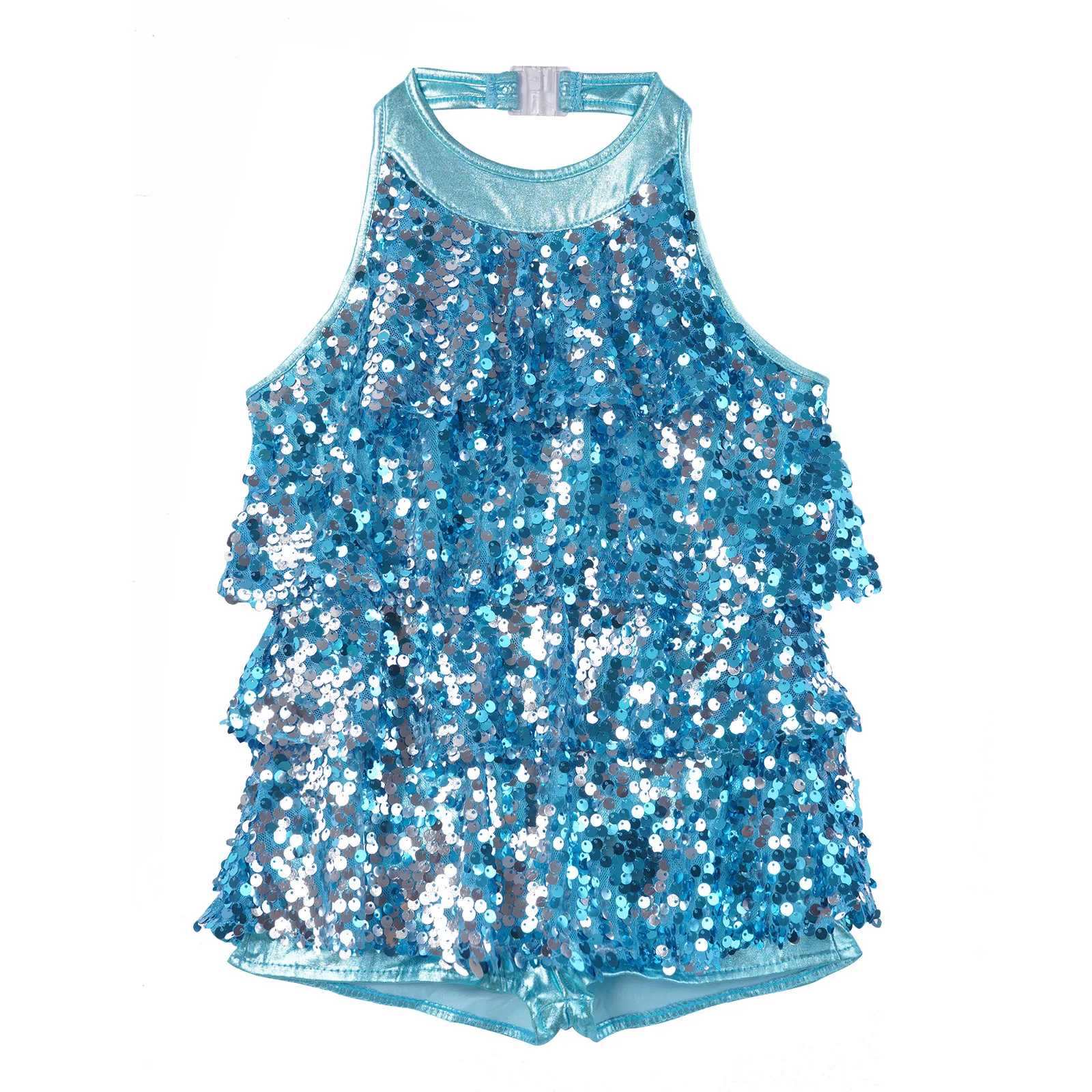 Kids Halter Shiny Sequins Gymnastics Shorty Unitards Dress Girls Ballet Leotard Stage Performance Latin Jazz Dance Costume