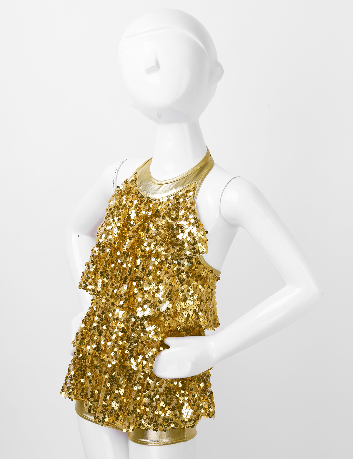 Kids Halter Shiny Sequins Gymnastics Shorty Unitards Dress Girls Ballet Leotard Stage Performance Latin Jazz Dance Costume